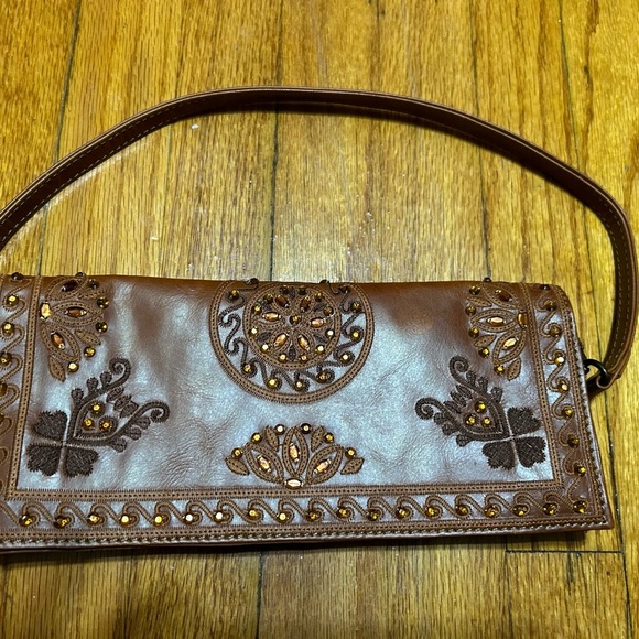 Wilsons Vtg Leather Brown Gem Embroidered Embellished Arm Clutch Fold Over Bag - Picture 2 of 13